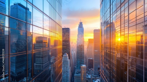 A panoramic cityscape view featuring corporate skyscrapers with glass facades reflecting the sunrise.