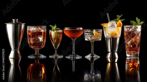 Selection of various elegant cocktails displayed on a dark surface.
