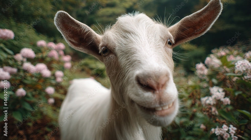 Fototapeta premium Goat Smiling with Buck Teeth Photobombing Wedding Scene