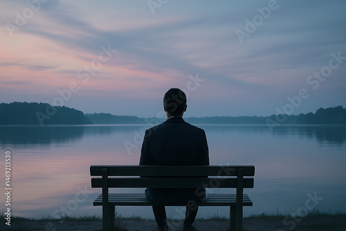 湖畔に佇む男性の後ろ姿と静かな夕暮れの孤独な時間
