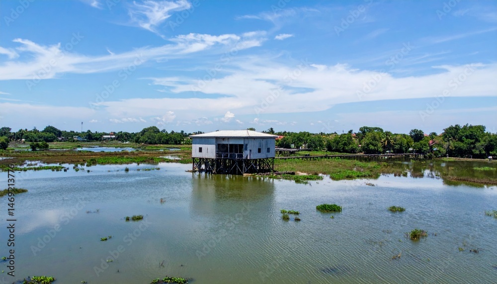 Obraz premium Tranquil Water House on Stilts Surrounded by Lush Greenery and Sky