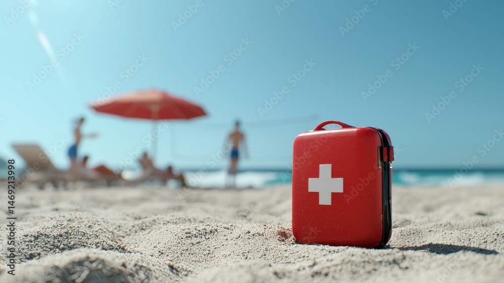 Naklejka premium First Aid Kit on a Summer Beach Vacation beach summer vacation first aid kit sand ocean sea travel