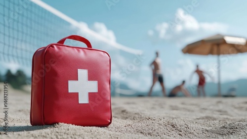 First Aid Kit on Sandy Beach with Beach Volleyball in Background beach volleyball background safety