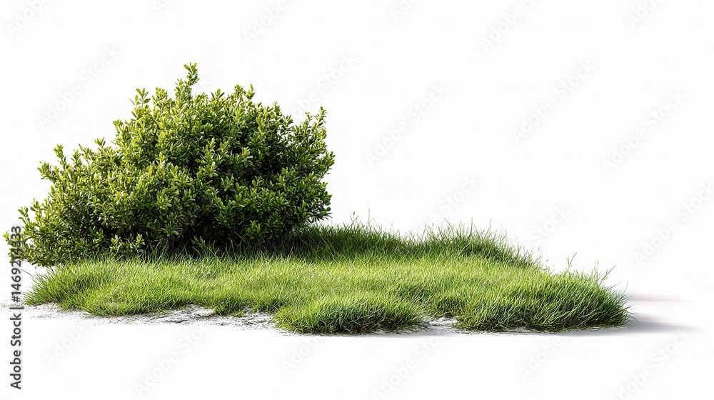 Fototapeta premium Lush Green Grass Patch Next to a Small Shrub Isolated on White