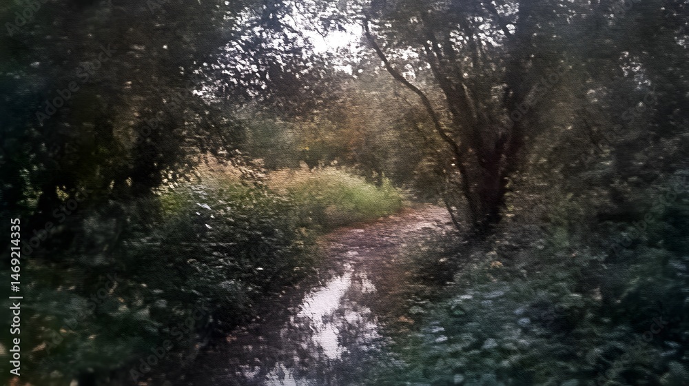 Fototapeta premium A secluded, shadowy woodland pathway through dense foliage.