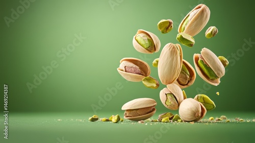 A vibrant display of pistachios in mid-air against a green backdrop.