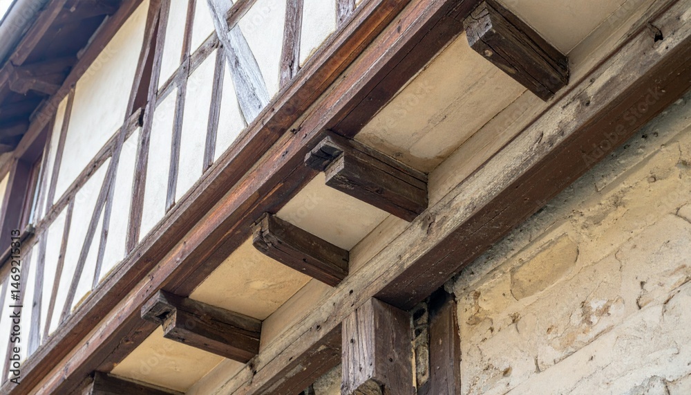 Obraz premium Detailed Close-Up of Wooden Beams on Traditional Building Exterior
