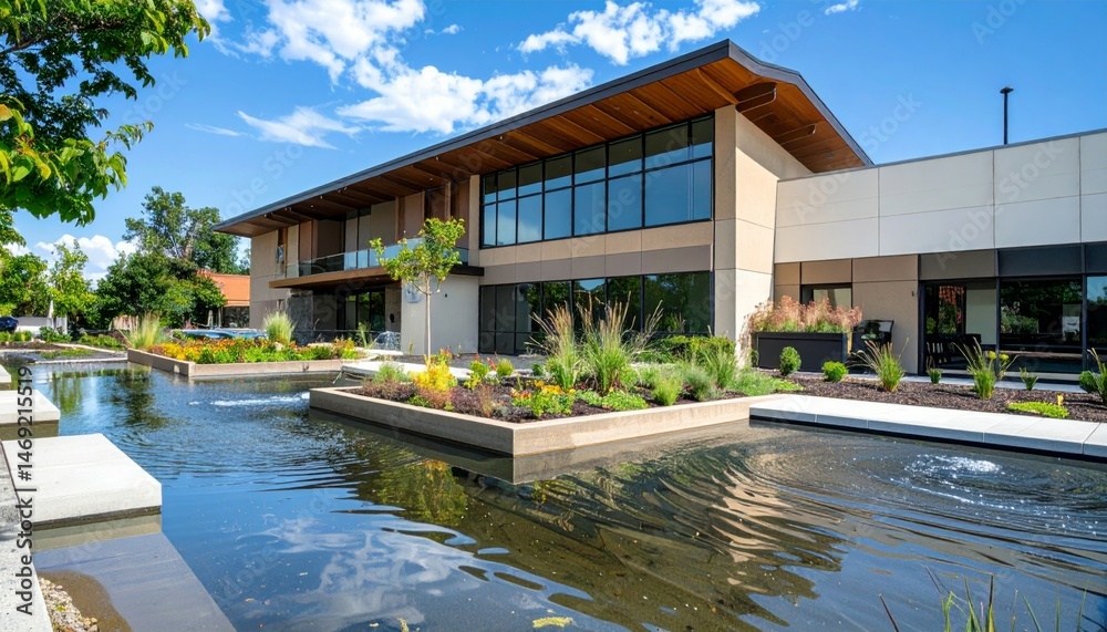 Obraz premium Modern Architecture with Water Features and Landscape Design Elements
