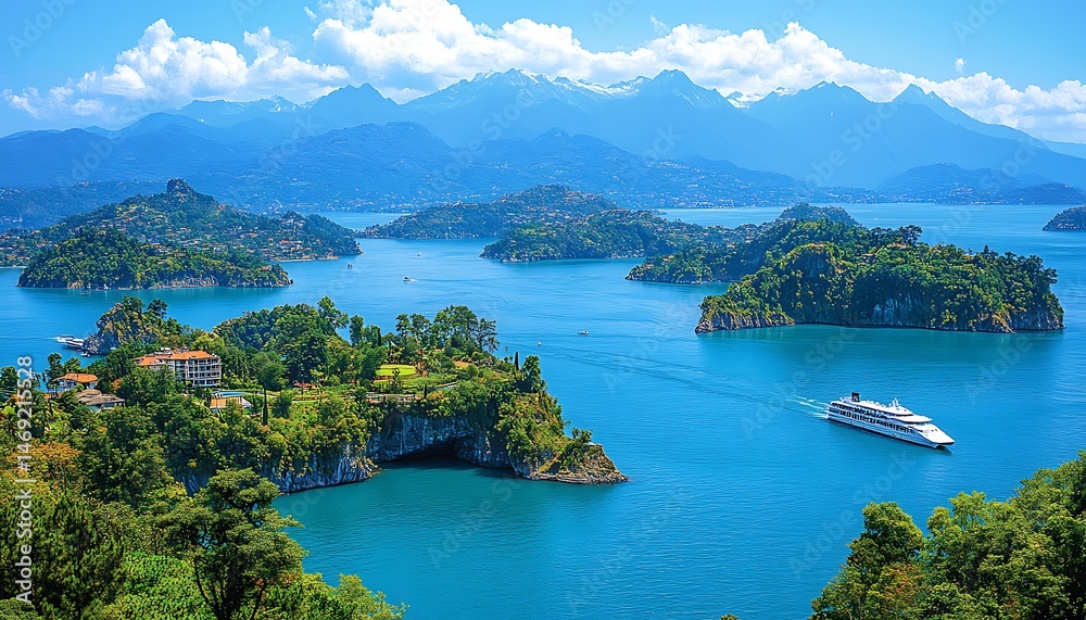 Stunning vista of a lake surrounded by lush isles. Stunning vista of a lake surrounded by lush isles.