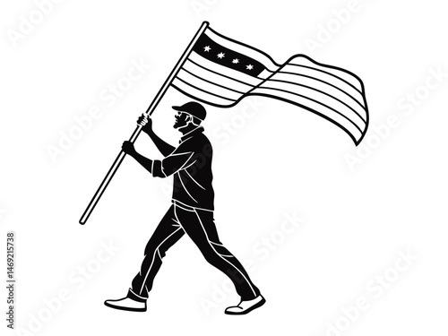 Silhouette of Man Holding Flag. Clipart image isolated on a white background