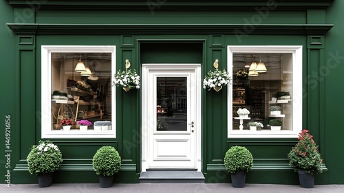 Green storefront mockup of luxury flower gift shop with white trim windows, decorative topiaries and hanging flower baskets creating inviting English boutique atmosphere.