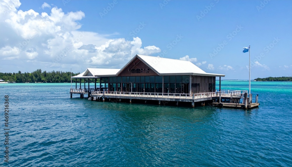 Elegant Waterfront Building Surrounded by Clear Blue Waters and Sky Elegant Waterfront Building Surrounded by Clear Blue Waters and Sky