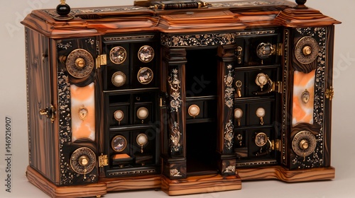 Intricate wooden box with inlaid decorative elements.  Ornate compartments and panels