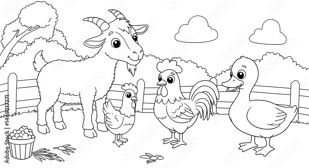 Fototapeta premium Farm Animals Illustration with Goat Chicken Rooster and Duck Outline