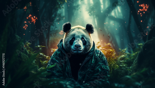 Panda in the middle of a bamboo forest, cute panda illustration, panda with bamboo forest background and neon light