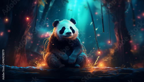 Panda in the middle of a bamboo forest, cute panda illustration, panda with bamboo forest background and neon light