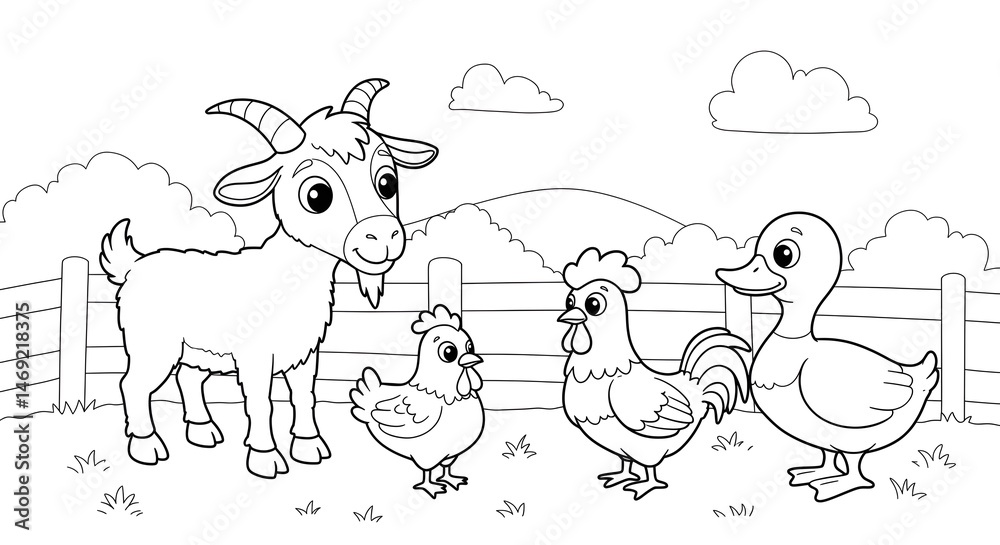 Obraz premium Farm Animals Coloring Page with Goat, Duck, Rooster and Hen