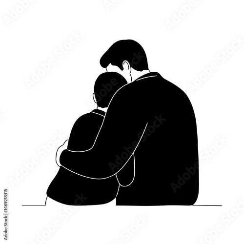Father and child sharing an emotional hug against a white background  