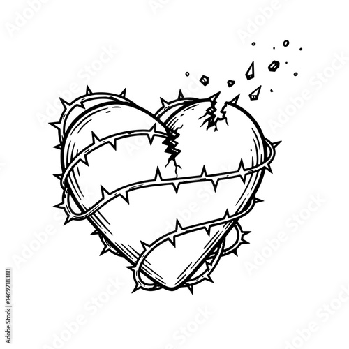 Broken heart wrapped in thorns with cracks and fragments  