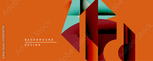 Abstract geometric design features layered shapes, vibrant colors. Orange background complements red, teal elements creating modern visual impact. Minimalist style.