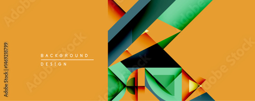 Abstract geometric composition. Overlapping shapes create dynamic visual effect. Warm orange contrasts cool greens, blues. Modern design element for backgrounds.