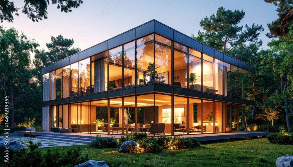 Fototapeta premium Modern Glass House Surrounded by Lush Green Forest Landscape