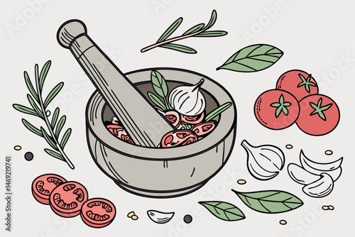 57 mortar and pestle with fresh herbs and vegetables,tomatoes,onions,garlic,rosemary,basil,cooking tools,kitchen counter,culinary ingredients,detailed illustration,photorealistic style,high detail,str
