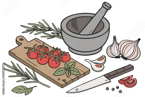 57 mortar and pestle with fresh herbs and vegetables,tomatoes,onions,garlic,rosemary,basil,cooking tools,kitchen counter,culinary ingredients,detailed illustration,photorealistic style,high detail,str