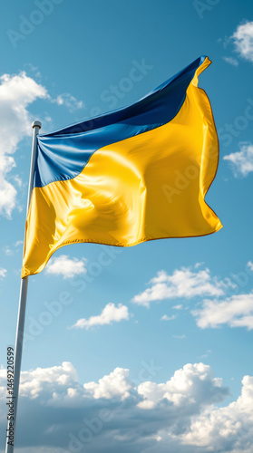The flag of Ukraine waves against a bright blue sky with scattered clouds