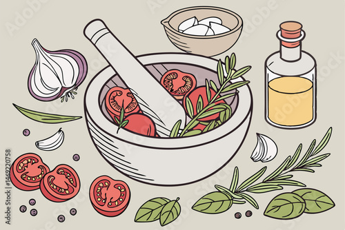 57 mortar and pestle with fresh herbs and vegetables,tomatoes,onions,garlic,rosemary,basil,cooking tools,kitchen counter,culinary ingredients,detailed illustration,photorealistic style,high detail,str