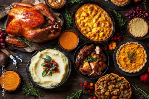 Classic Thanksgiving feast Aerial view of a rustic wooden table with turkey mashed potat