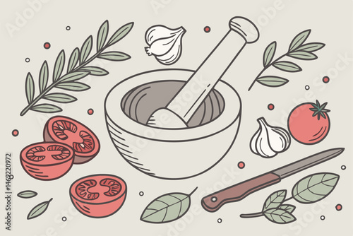 57 mortar and pestle with fresh herbs and vegetables,tomatoes,onions,garlic,rosemary,basil,cooking tools,kitchen counter,culinary ingredients,detailed illustration,photorealistic style,high detail,str