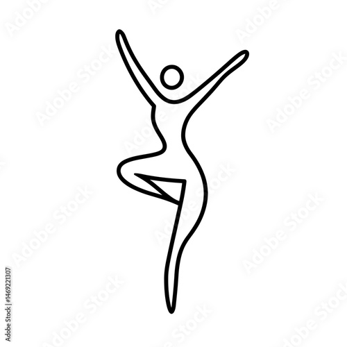 Minimalist line art female dancer icon with one leg raised arms up graceful pose outline silhouette vector illustration