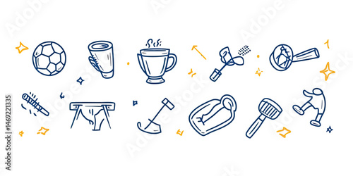 Hand drawn sports doodle icons set with soccer ball, cup, whistle, agility ladder, water bottle, and athlete kicking ball in minimalist line art style