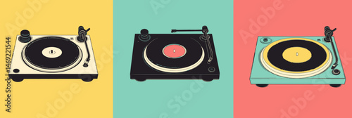 Three colorful minimalist turntables with vinyl records flat vector illustration set on bright pastel backgrounds for music playback and DJ concept