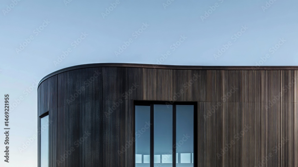 Fototapeta premium Modern, curved wooden building facade against a clear sky.