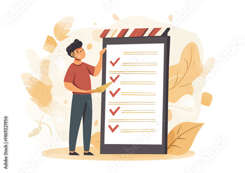 Businessman standing next to large checklist board with completed tasks and clipboard in minimalist flat style vector illustration of project planning and organization concept