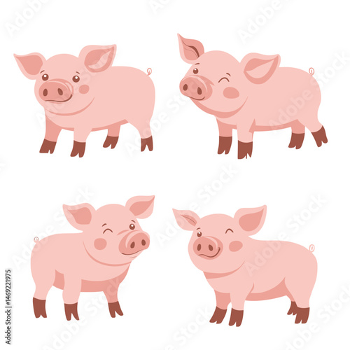 Cute cartoon pigs set with different facial expressions and poses, pink farm animal illustrations in flat minimalist style for children and nursery decor vector art