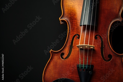 Close up of a violin on a black background