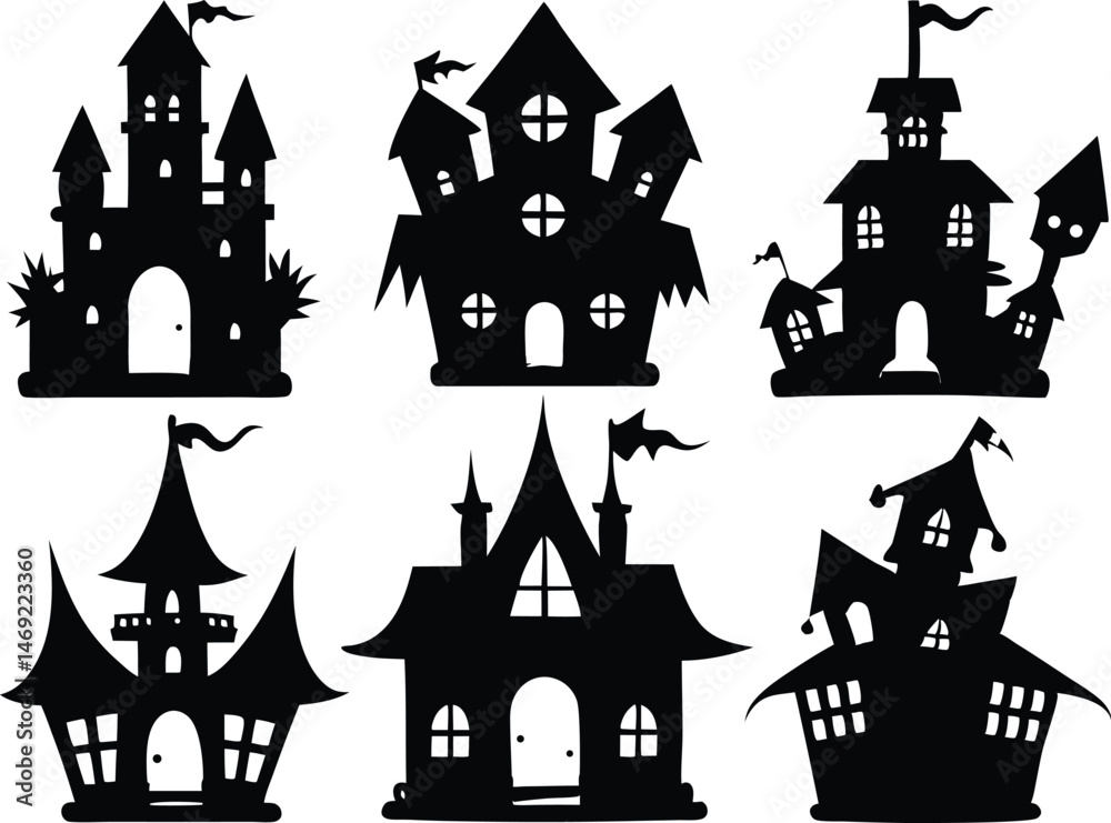Halloween pumpkin house silhouette EPS set, Set of halloween house silhouette vectors illustration Halloween pumpkin house silhouette EPS set, Set of halloween house silhouette vectors illustration
