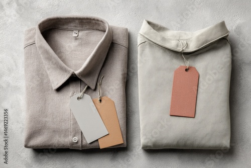 Flatlay of Neatly Folded Shirts With Tags on Neutral Fabric Background Showcasing Minimalistic Style and Textile Texture Generative AI
