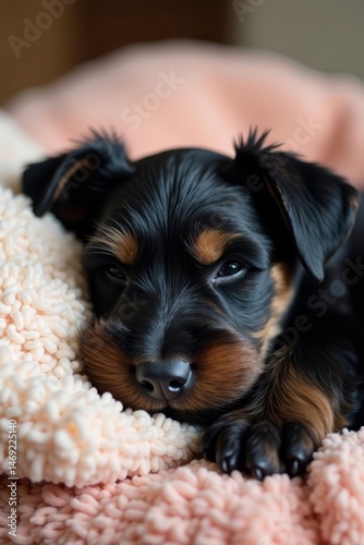 Sweet black schnauzer puppy peacefully napping on a cozy pillow, black, dog, schnauzer