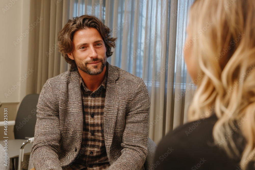 Fototapeta premium Well-dressed man listens intently during a discussion in a modern office, while a woman sits opposite him