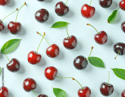 Flatlay of cherries on colorful background 