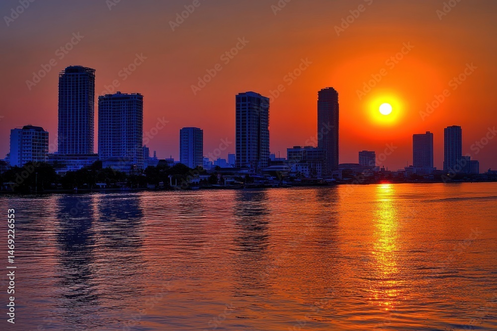 Fototapeta premium Dawn breaks over Bangkok s skyline evening city view