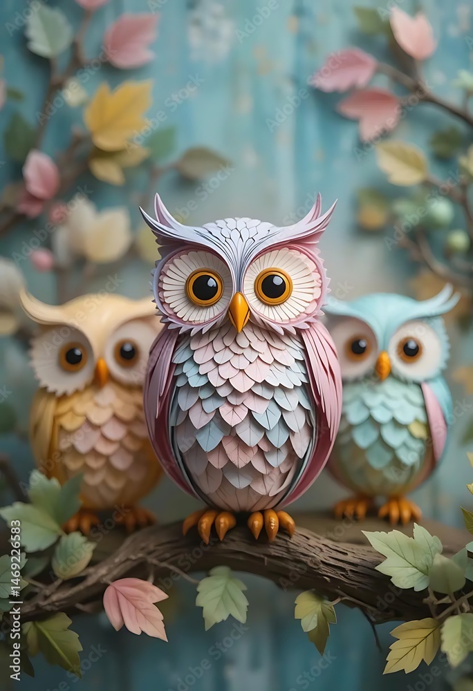 Naklejka premium Charming Trio of Paper Owls on a Branch Adorned with Pastel Leaves A Whimsical Forest Scene Featuring Cute Fowl Perched Together in a Colorful Woodland Setting