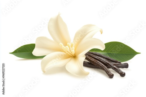 Delicate light beige vanilla flower with pods and leaves on a white backdrop