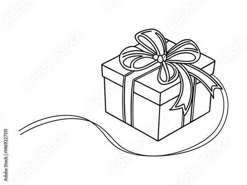 Hand-drawn gift box, continuous one-line icon. Present with ribbon, with single line vector illustration in doodle style. Contour linear sign design