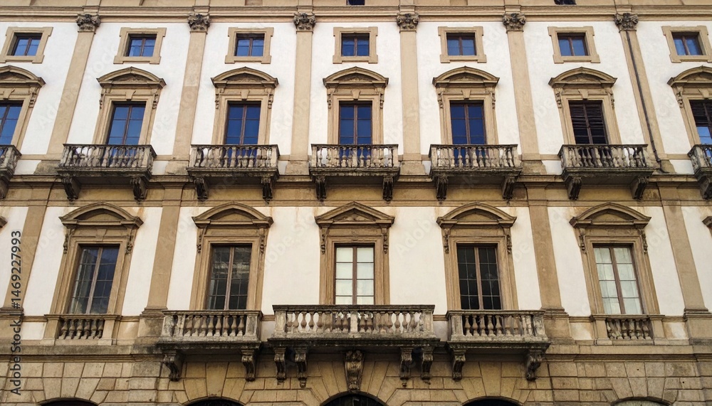 Fototapeta premium Classic Architectural Facade with Symmetrical Windows and Balconies