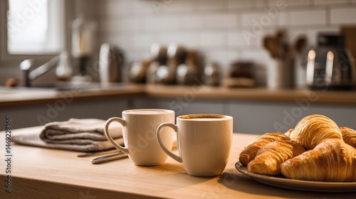Wallpaper Mural Cozy Kitchen Island with Coffee Mugs and Fresh Croissants Torontodigital.ca